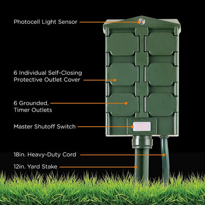 myTouchSmart Outdoor 6-Outlet Light Sensing Yard Stake Timer with 6ft. Cord, Green