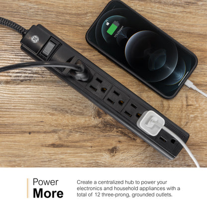 GE 6-Outlet 3ft. Surge Protector, 2 Pack, Black