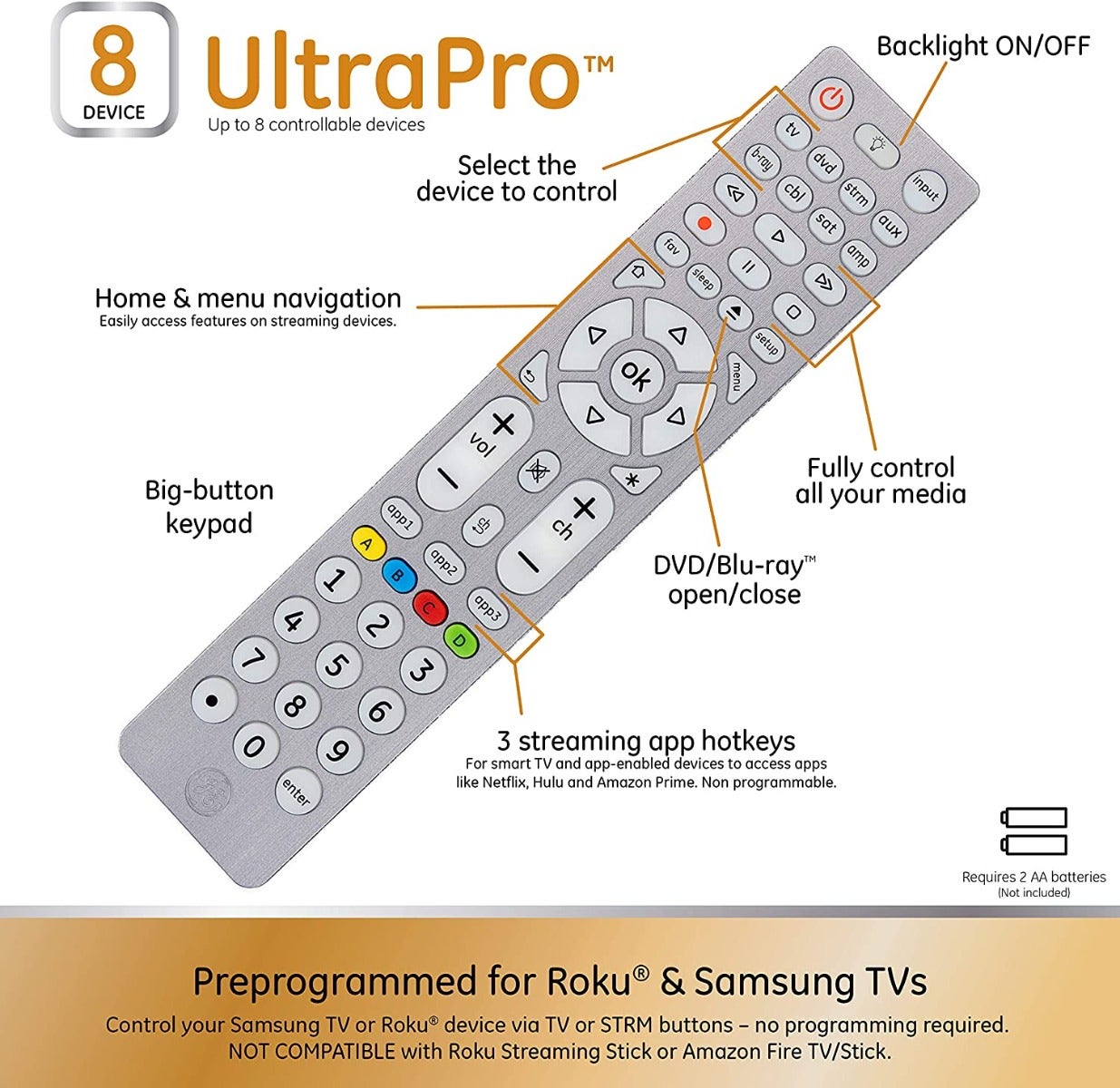 GE 8-Device Backlit Universal Remote, Brushed Silver