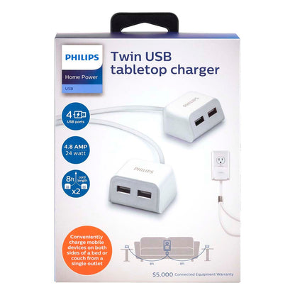 Philips 16ft. 2-USB Tabletop Charger with Splitter Power Cord, White