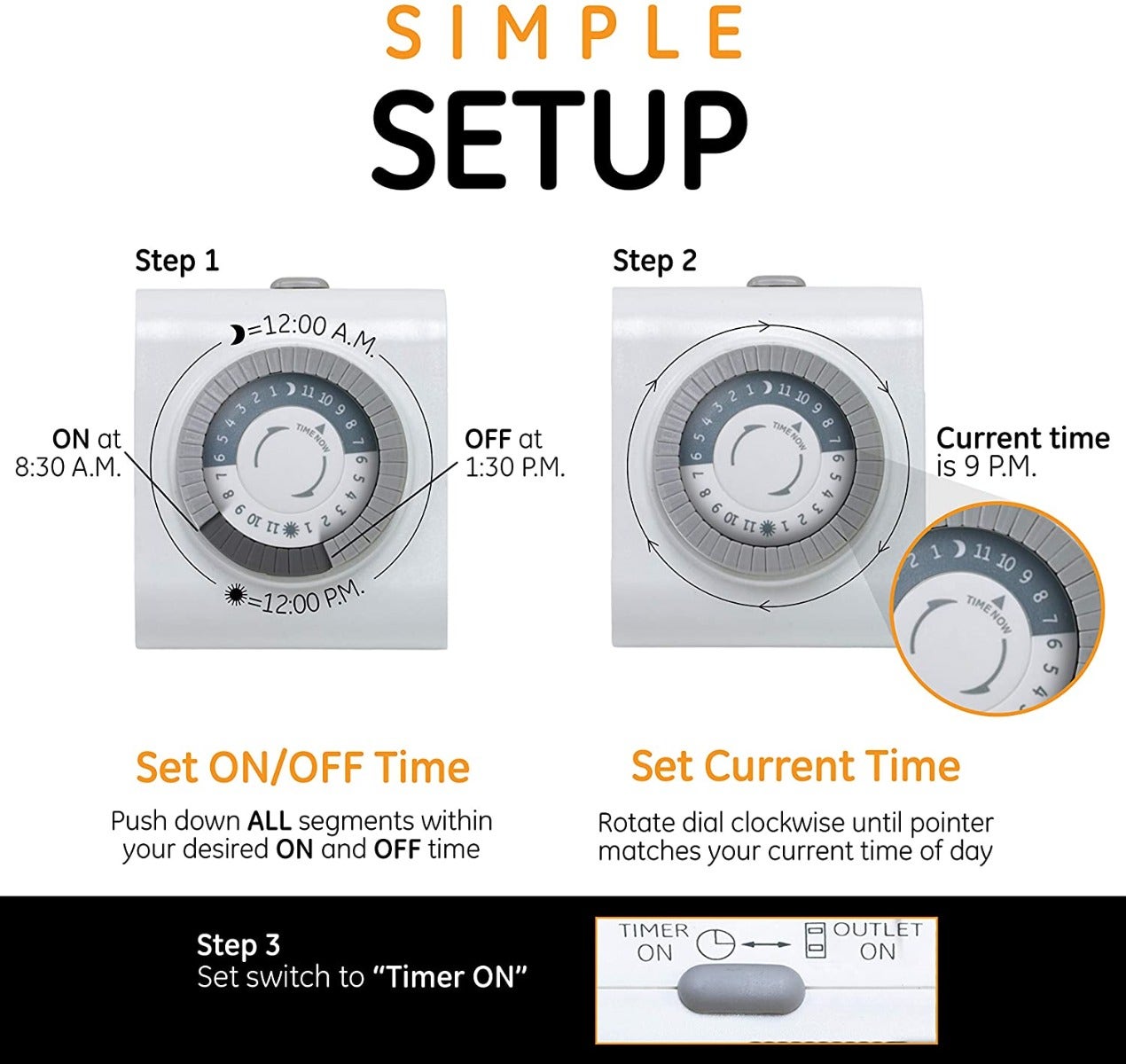 GE Indoor Plug-In 24-Hour Mechanical Timer, 2 Pack, White
