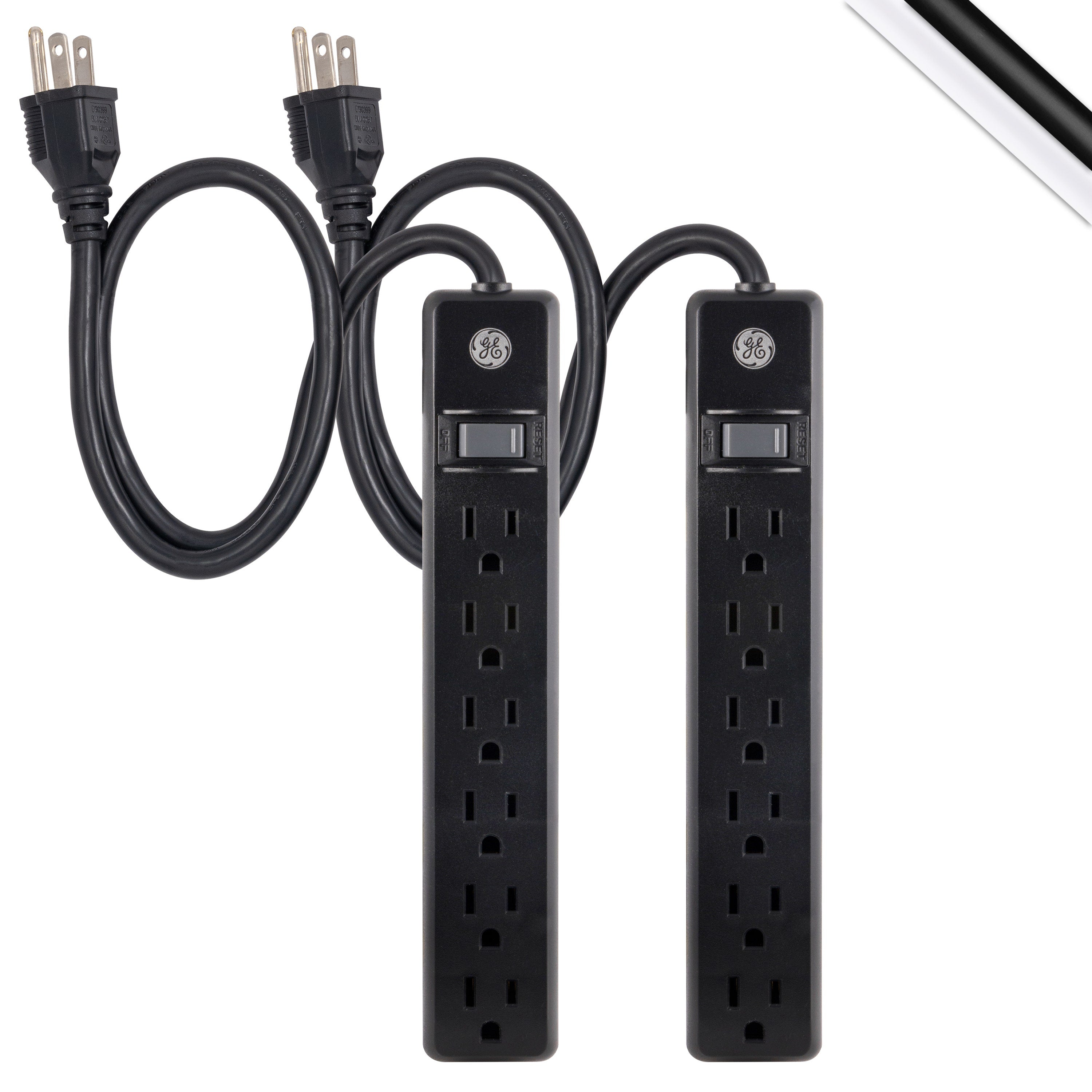 GE 6-Outlet 2ft. Power Strip, 2 Pack, Black