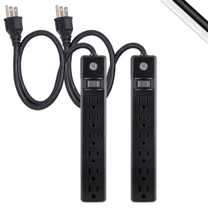 GE 6-Outlet 2ft. Power Strip, 2 Pack, Black