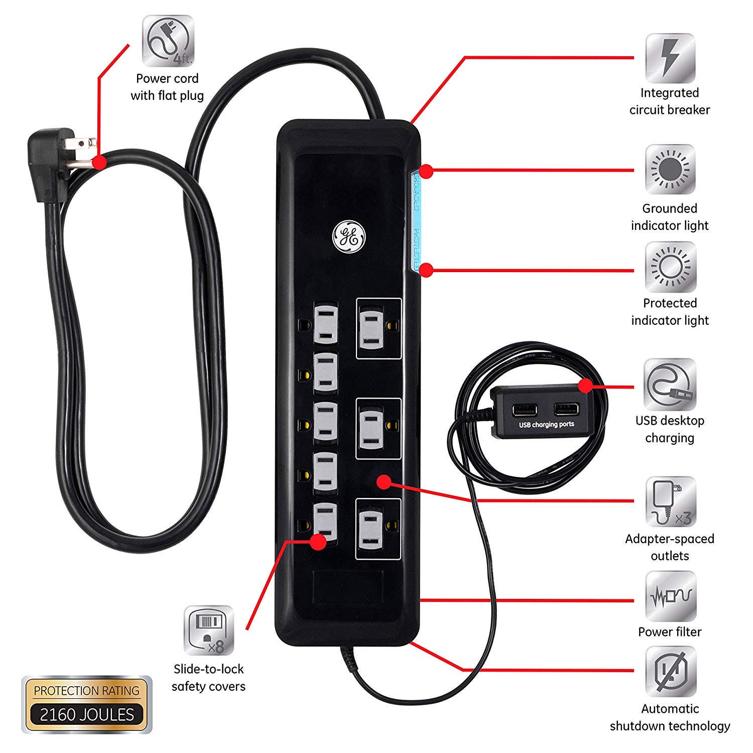 GE  8-Outlet 2-USB 4ft. Surge Protector, Black