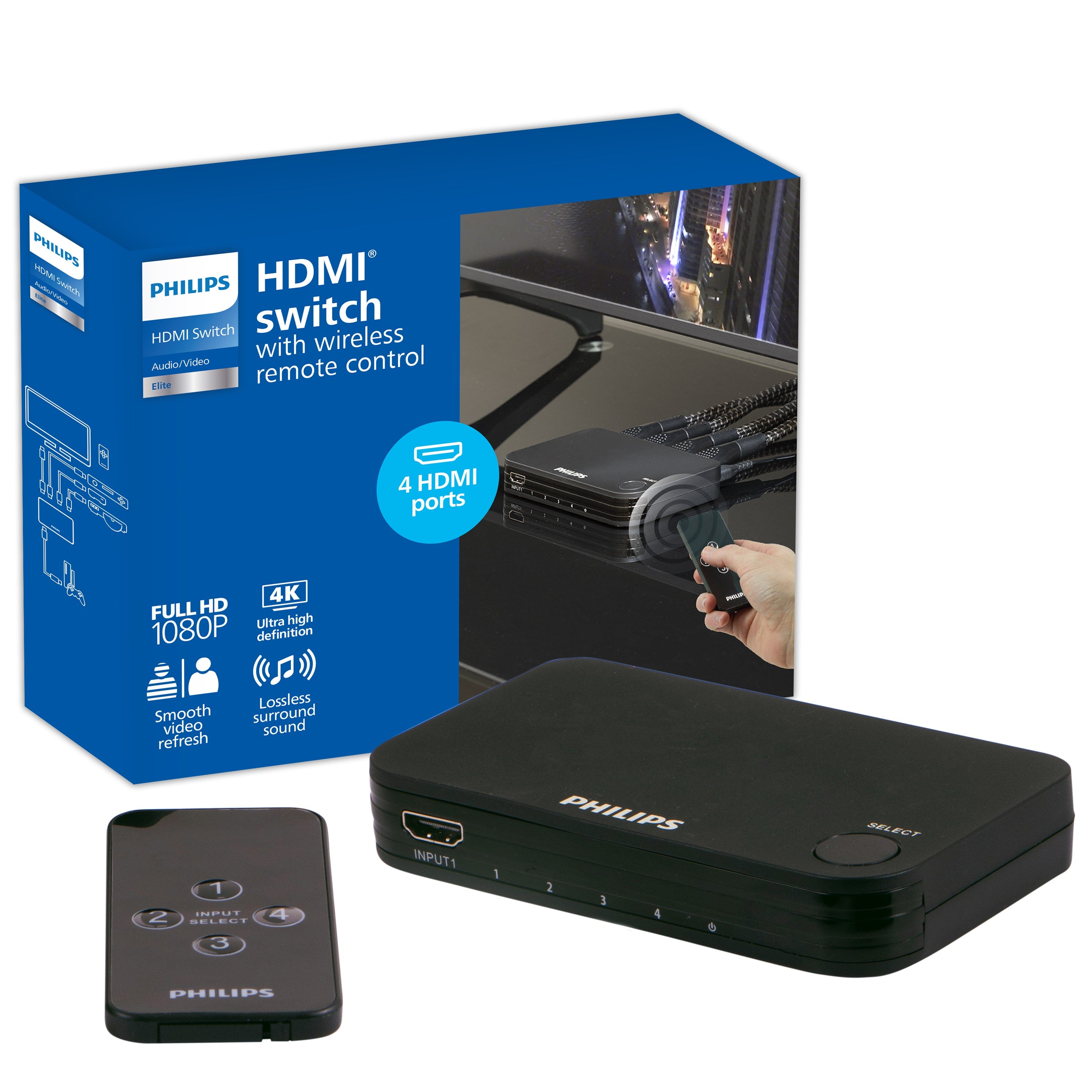 Philips Elite 4-Port HDMI Splitter Switch with Wireless Remote, Black