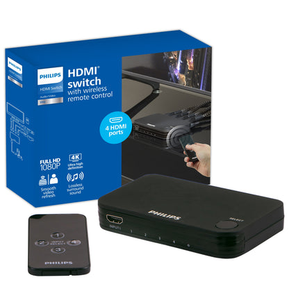 Philips Elite 4-Port HDMI Splitter Switch with Wireless Remote, Black