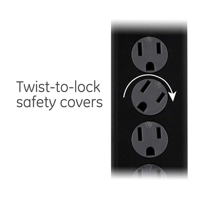 GE 6-Outlet 10ft. Surge Protector With Twist-To-Close Safety Covers, Black