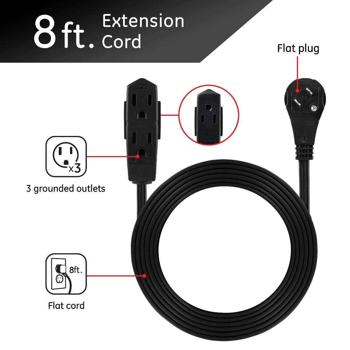 GE 3-Outlet 8ft. Extension Cord with Right-Angle Plug, Black
