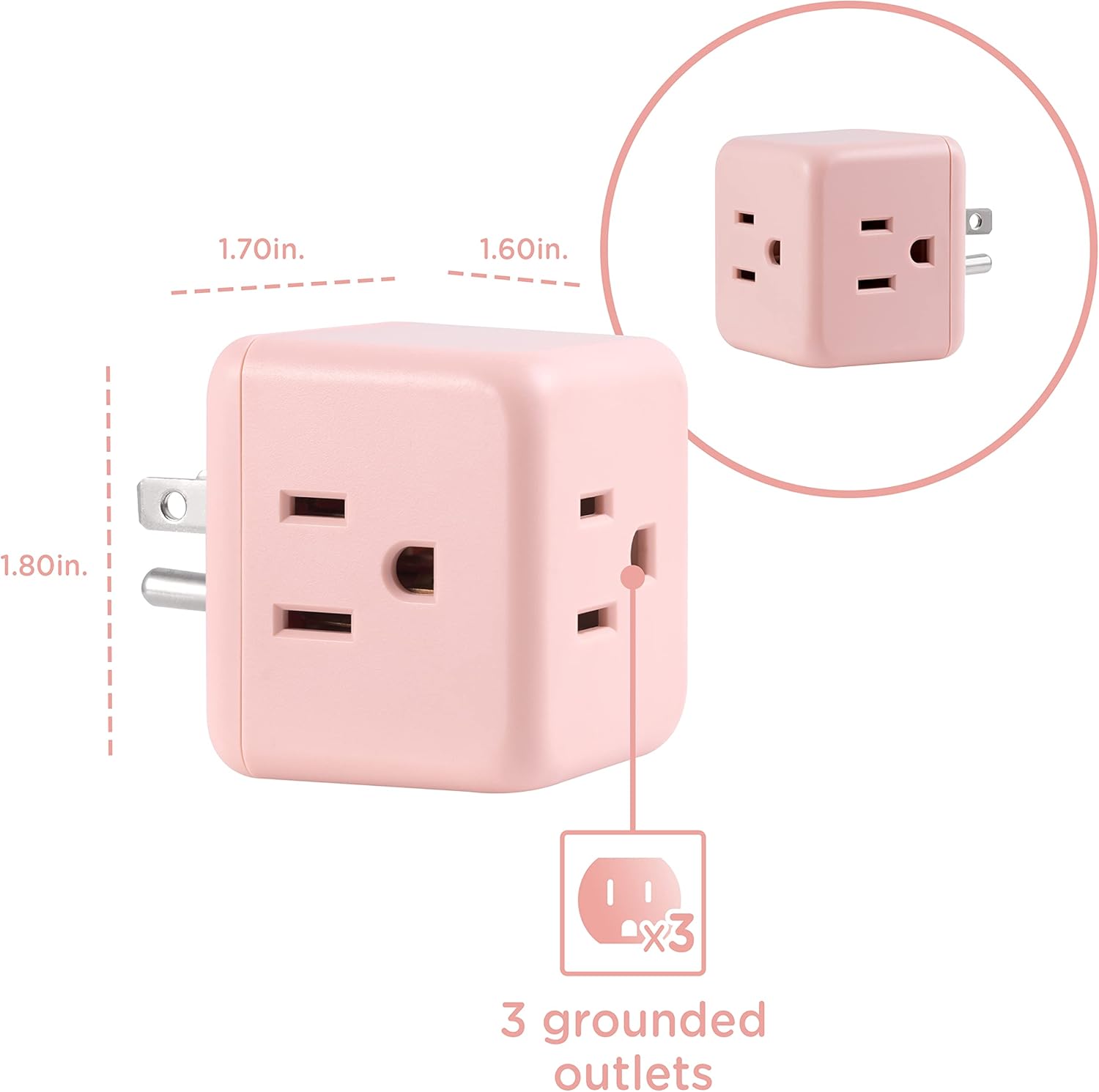 Cordinate 3-Outlet Surge Protector, blush cube, 2 pack