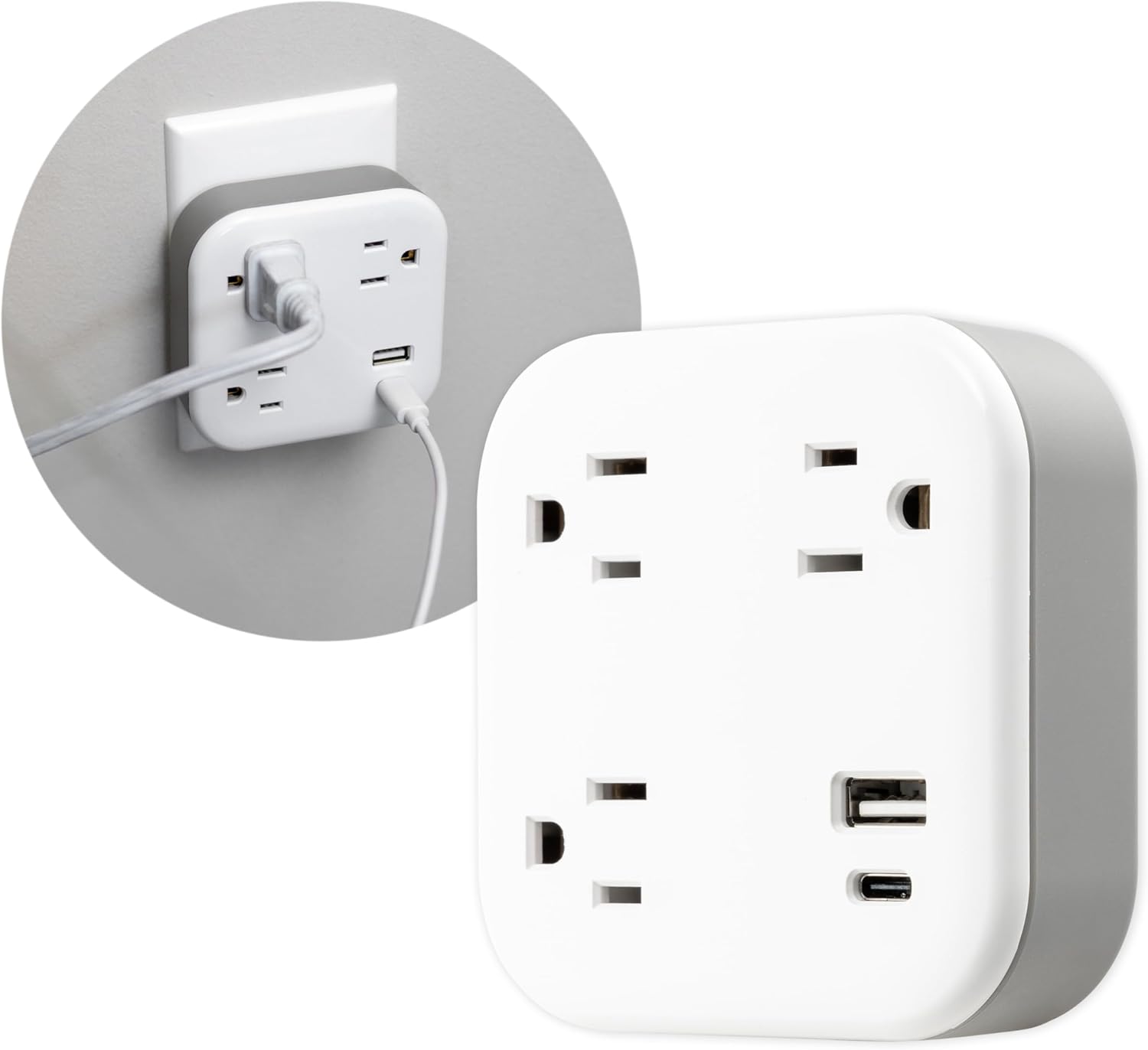 GE-branded UltraPro 3-Outlet Surge Tap with USB, 980J, 1 USB-A, 1 USB-C, White