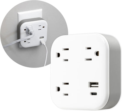 GE-branded UltraPro 3-Outlet Surge Tap with USB, 980J, 1 USB-A, 1 USB-C, White