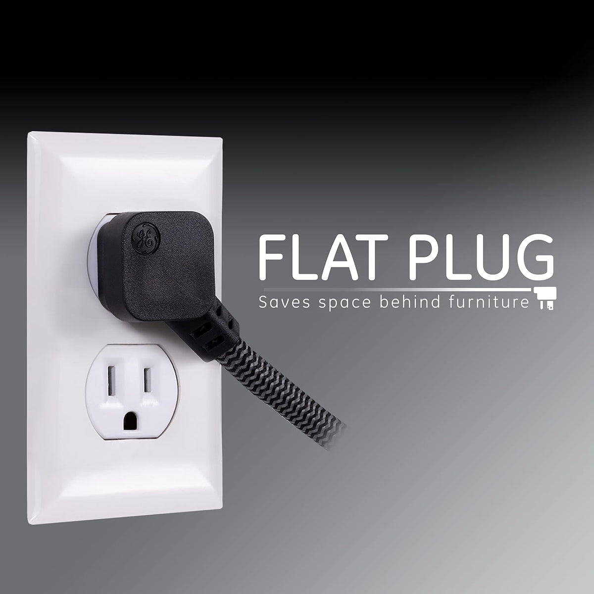 GE 6-Outlet Surge Protector Extension Cord, 2ft., braided cord, 620 Joules, Black