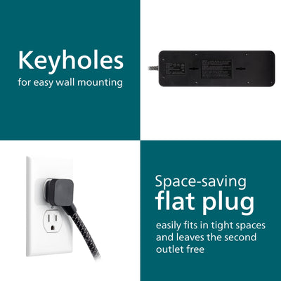 Philips 9-Outlet 6ft. 1 USB-A 1 USB-C Surge Protector With Adapter-Spaced Outlets, Black