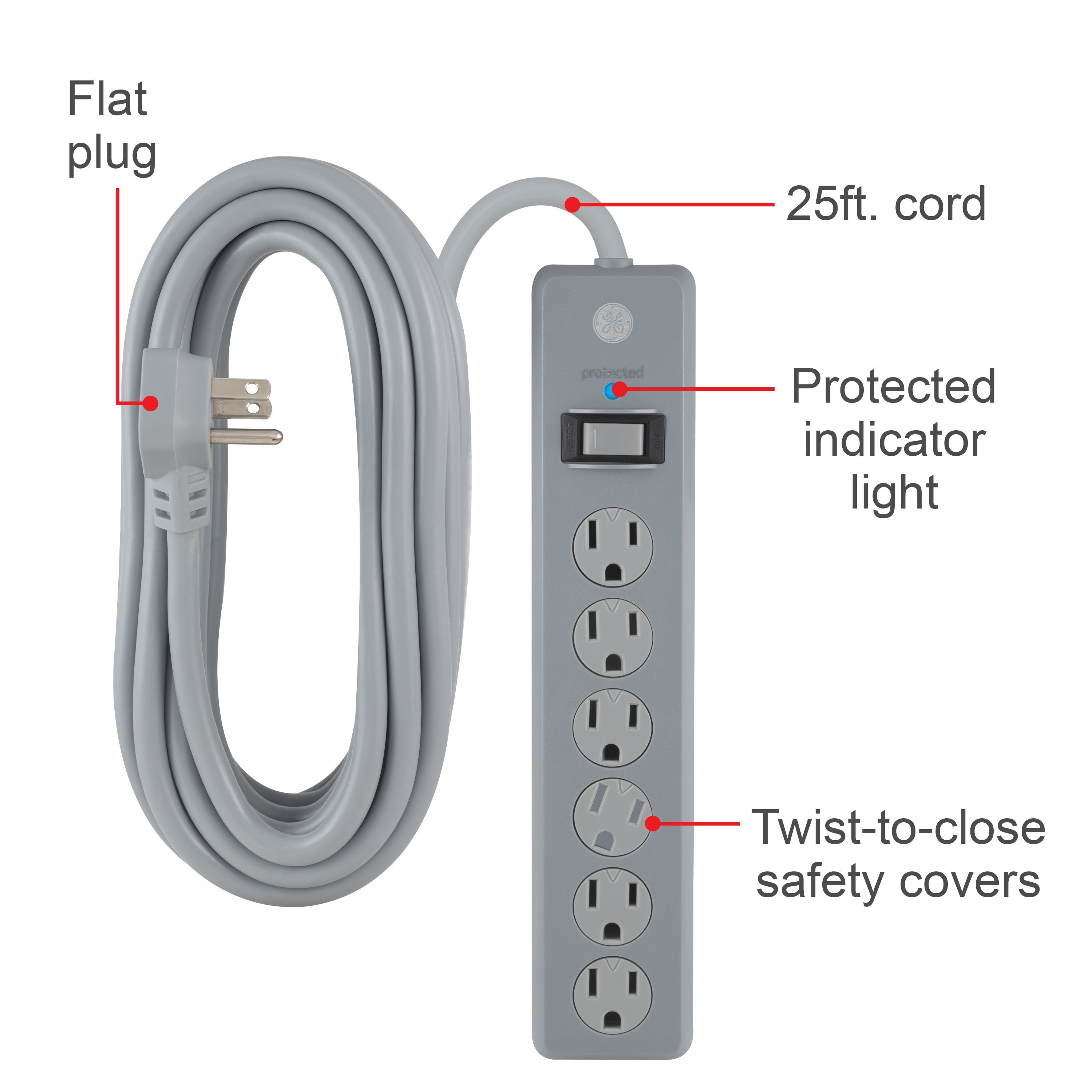 GE-branded 6-Outlet Surge Protector, Gray, 25ft. Cord