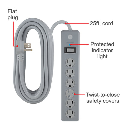 GE-branded 6-Outlet Surge Protector, Gray, 25ft. Cord