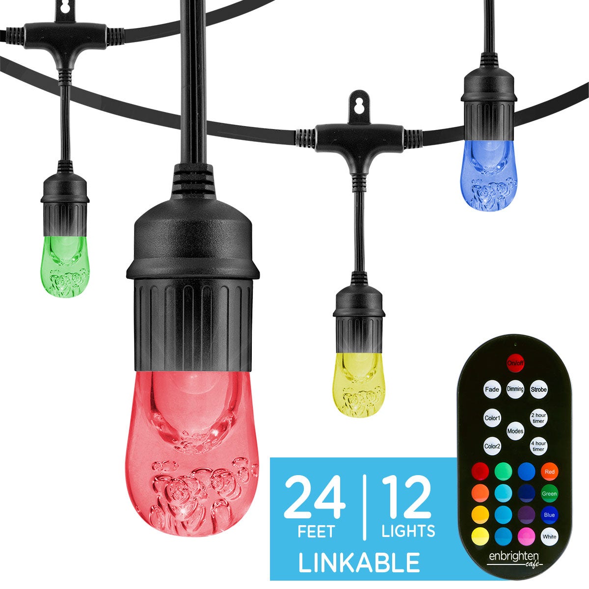 Enbrighten Seasons Color-Changing Classic LED Cafe Lights, 12 Bulbs, 24ft. Black Cord