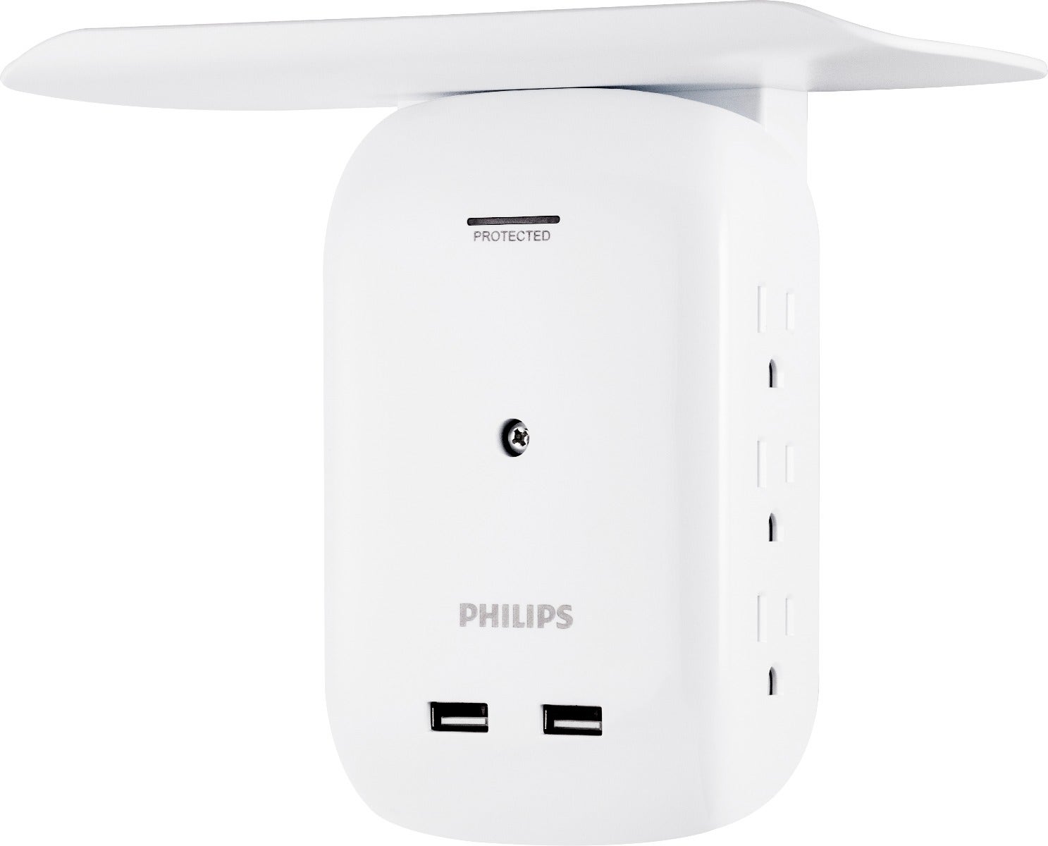 Philips 6-Outlet 2-USB Wall Tap with Surge Protection and Device Shelf, White