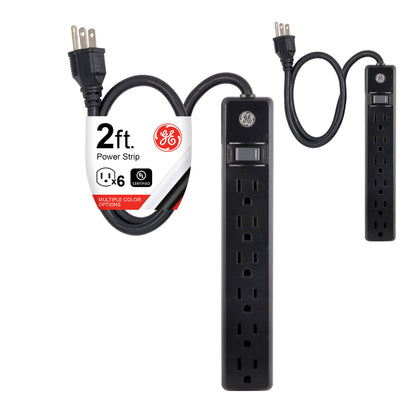 GE 6-Outlet 2ft. Power Strip, 2 Pack, Black