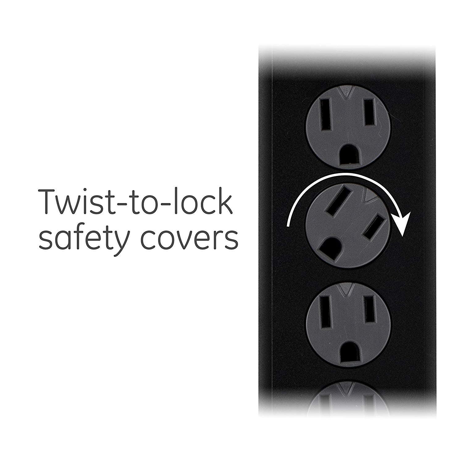 GE 6-Outlet 8ft. Surge Protector with Twist-to-Close Safety Covers, 2 Pack, Black