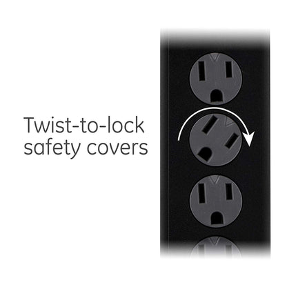 GE 6-Outlet 8ft. Surge Protector with Twist-to-Close Safety Covers, 2 Pack, Black