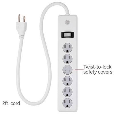 GE 6-Outlet 2ft. Surge Protector with Twist-to-Close Safety Covers, White