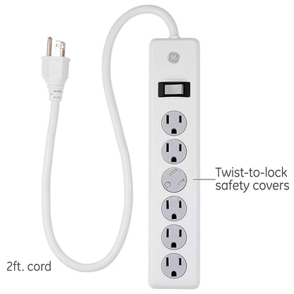 GE 6-Outlet 2ft. Surge Protector with Twist-to-Close Safety Covers, White