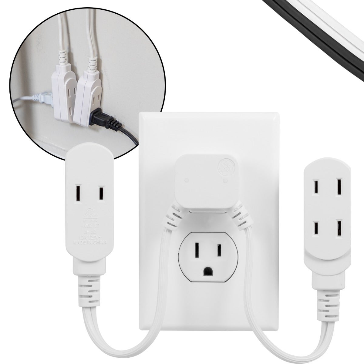GE 3-Outlet 10in. Dual Split Extension Cord, White