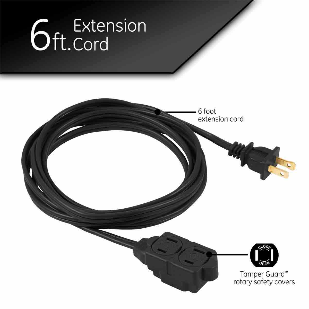 GE 3-Outlet 6ft. Indoor Extension Cord with Twist-to-Close Outlets, Black