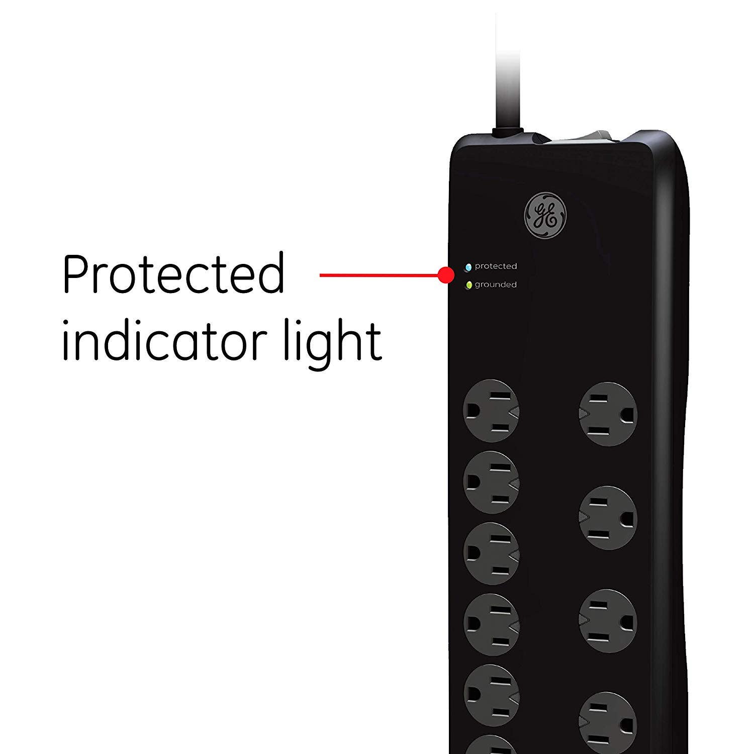 GE 10-Outlet 2-USB 6ft. Surge Protector With Twist-To-Close Safety Covers, Black