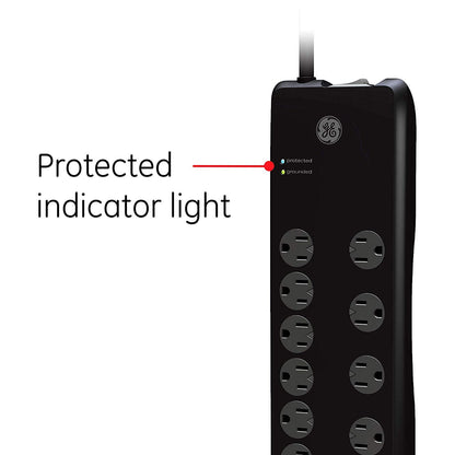 GE 10-Outlet 2-USB 6ft. Surge Protector With Twist-To-Close Safety Covers, Black