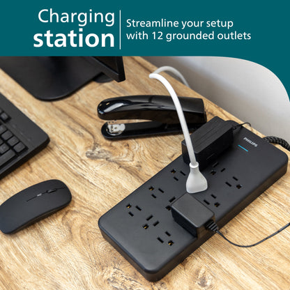 Philips 12-Outlet 6ft. Surge Protector with Adapter-Spaced Outlets, Black