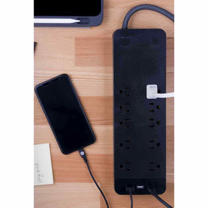 GE 8-Outlet 3-USB 6ft. Surge Protector with USB-C and Braided Cord, Black