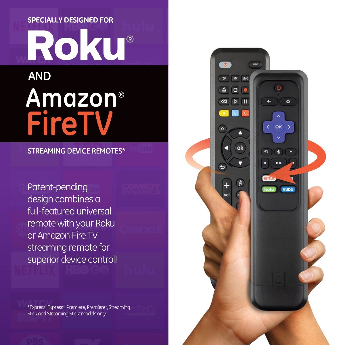 GE 4-Device Universal Companion Remote for Roku and Amazon TV with Flip and Slide Cradle, Black
