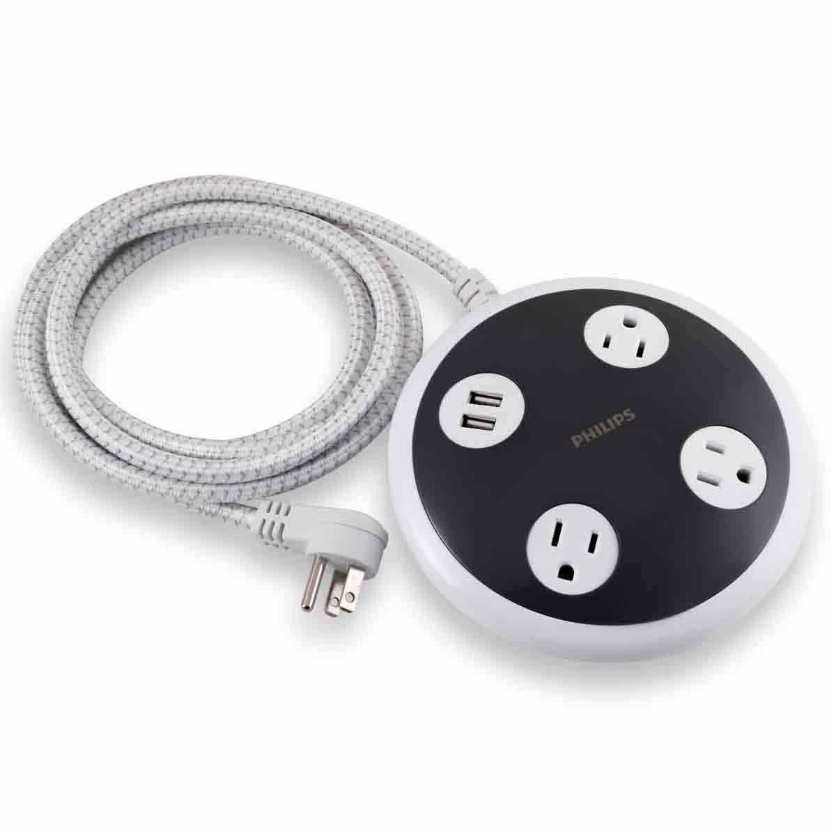 Philips Round 3-Outlet 2-USB 8ft. Braided Extension Cord with Surge Protection, White
