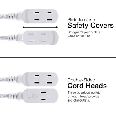 GE 3-Outlet 6ft. Dual Split Braided Extension Cord, White