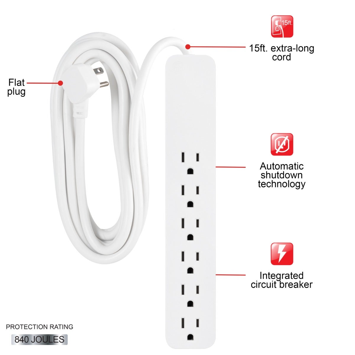GE 6-Outlet 15ft. Surge Protector, White