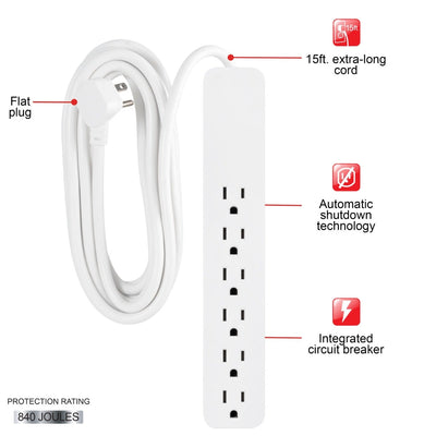GE 6-Outlet 15ft. Surge Protector, White