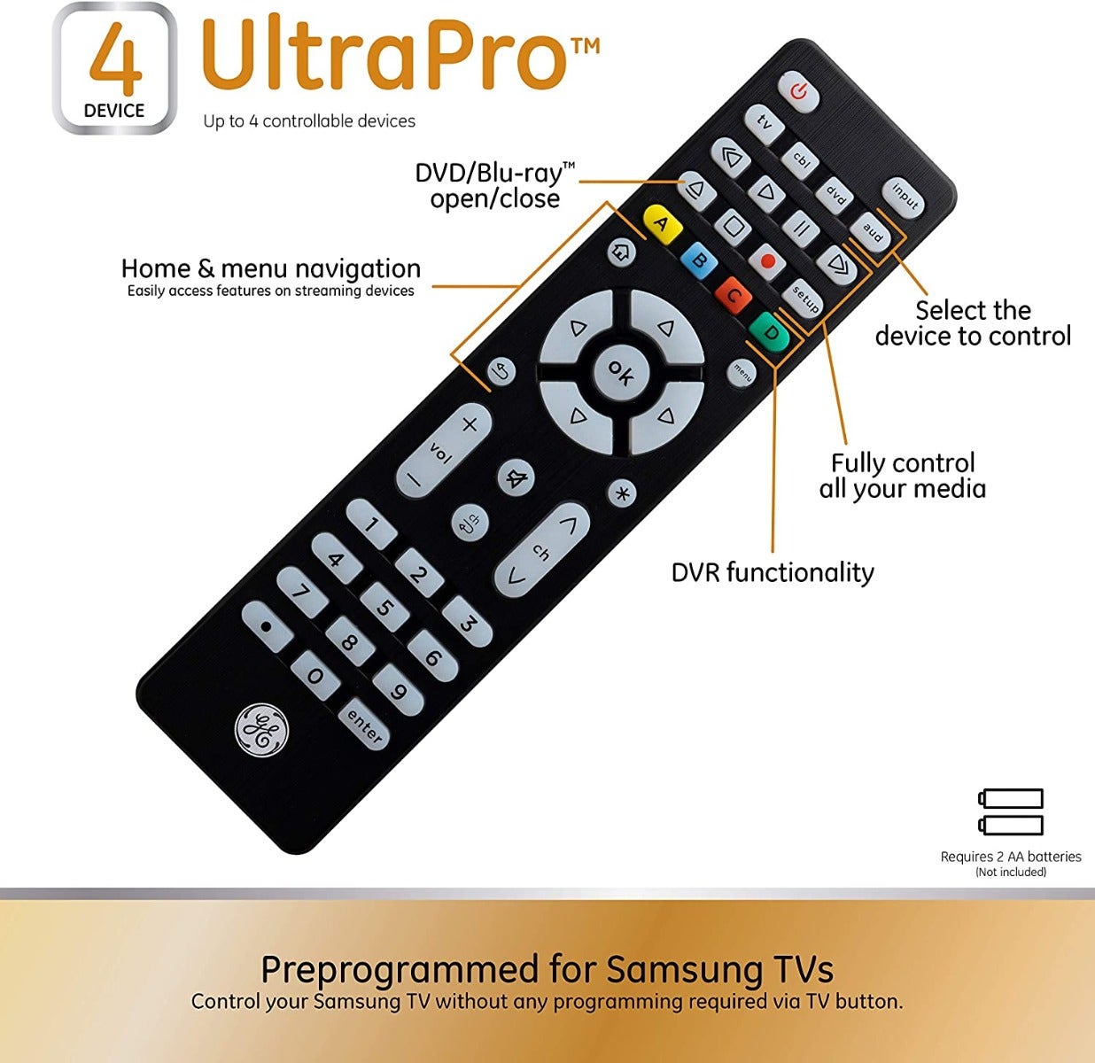 GE 4-Device Backlit Universal Remote, Brushed Black