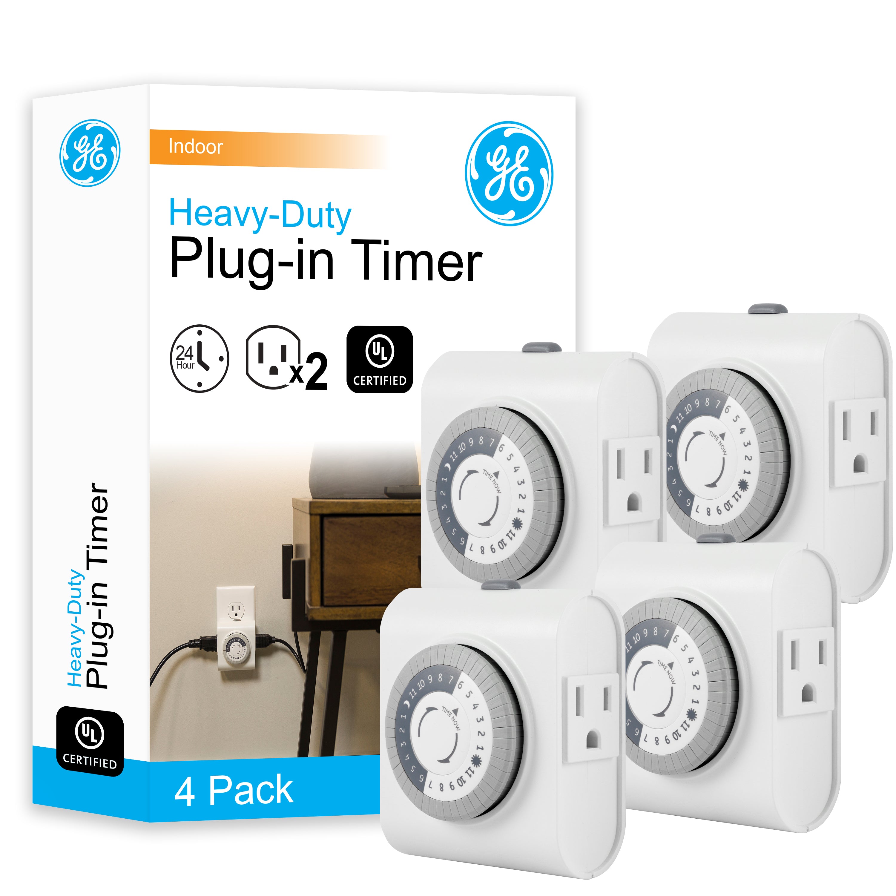 GE Indoor Plug-In 24-Hour Mechanical Timer, White, 4 Pack
