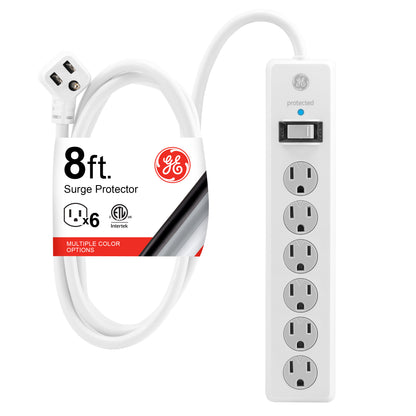 GE-branded 6-Outlet Surge Protector, 800J, 8ft. Cord, Safety Covers, White