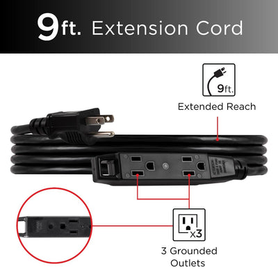 UltraPro 3-Outlet 9ft. Heavy Duty Indoor/Outdoor Extension Cord, Black