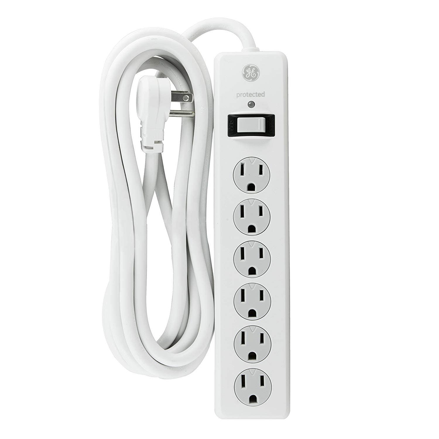 GE 6-Outlet 10ft. Surge Protector With Twist-To-Close Safety Covers, White