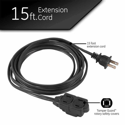 GE 3-Outlet 15ft. Extension Cord with Twist-to-Close Outlets, Black