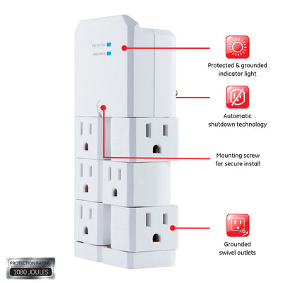 GE 6-Outlet Wall Tap with Surge Protection and Swivel Outlets, White