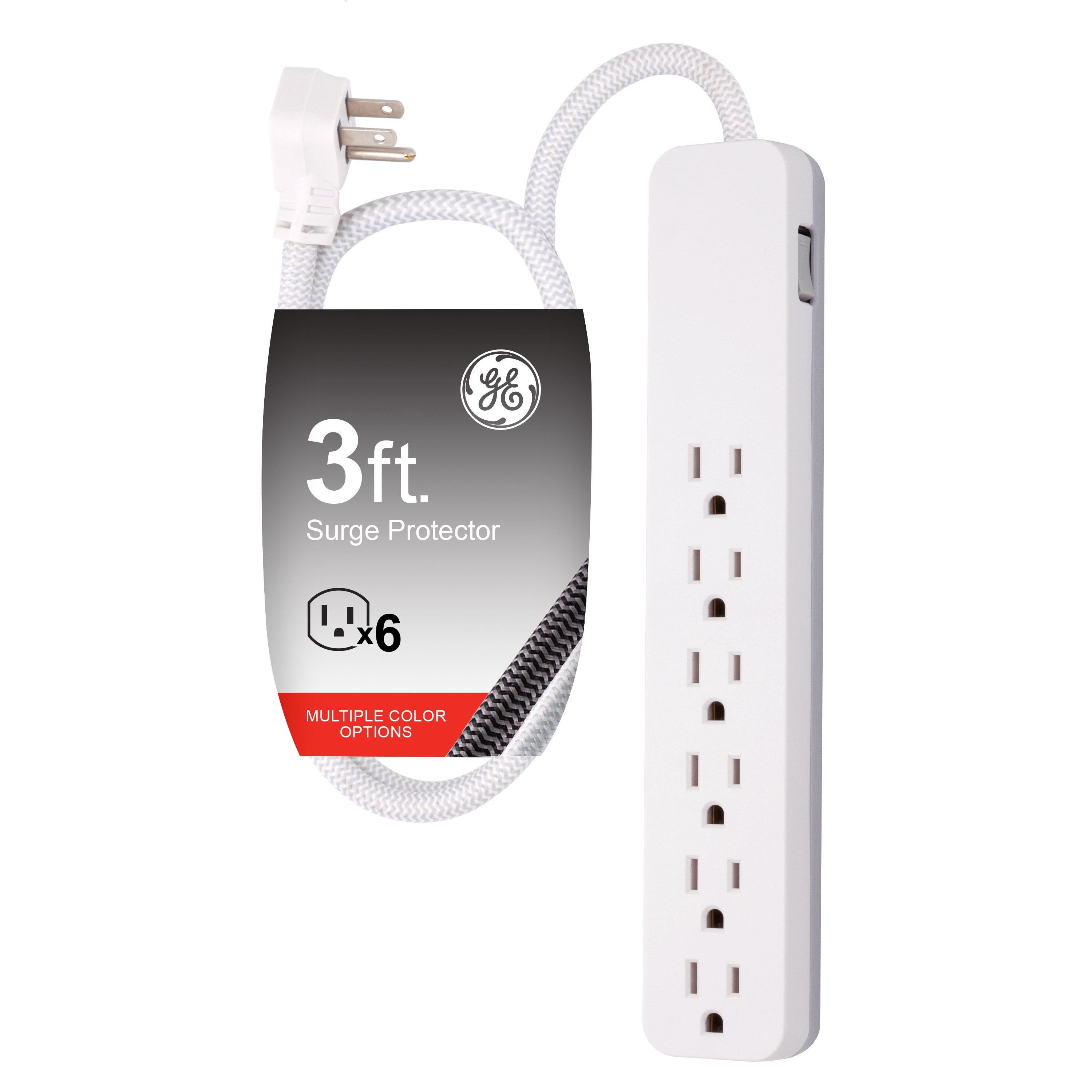 GE 6-Outlet 3ft. Surge Protector with Braided Cord, White