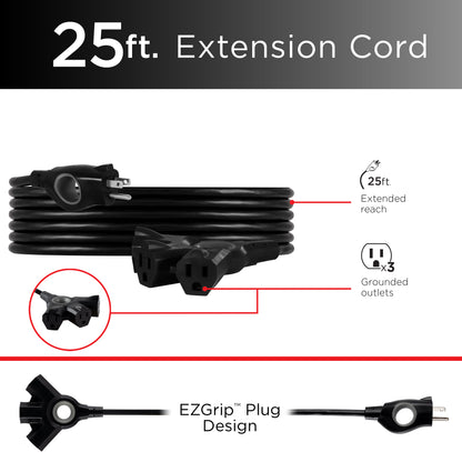 UltraPro 3-Outlet Grounded Extension Cord, Indoor/Outdoor, 16 Gauge, 25ft., Black