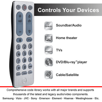 GE UltraPro 2-Device Universal Remote Control, Brushed Silver