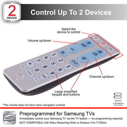 GE UltraPro 2-Device Universal Remote Control, Brushed Silver