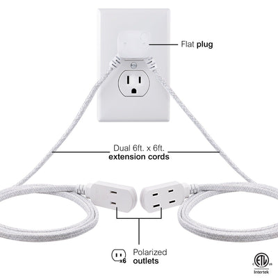 GE 3-Outlet 6ft. Dual Split Braided Extension Cord, White