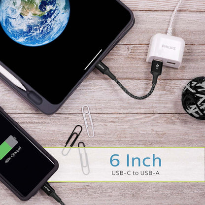 Philips 6in. USB-A to USB-C Braided Charging Cable, Black